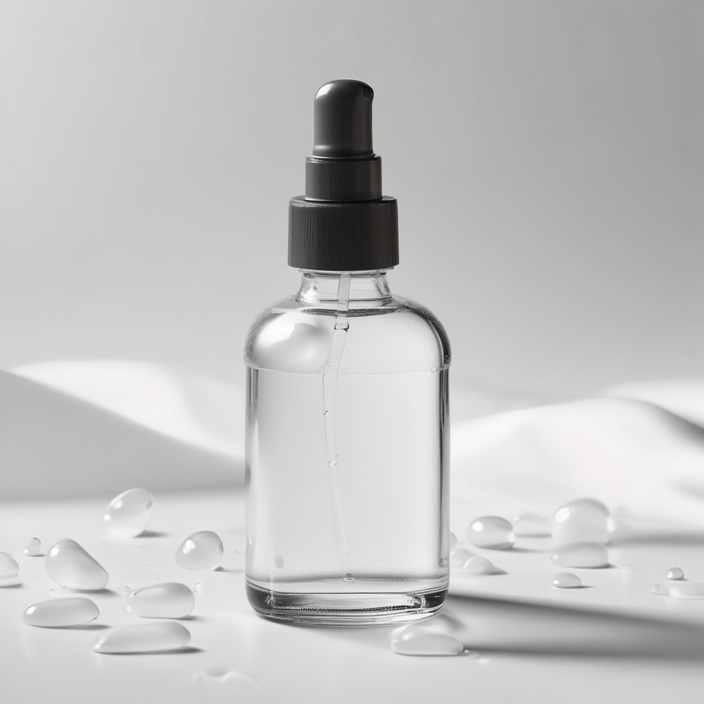 Main product bottle with white liquid drops